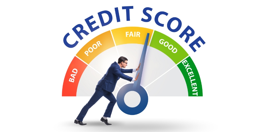 graphic of a man pushing the needle on a credit score meter from fair to good